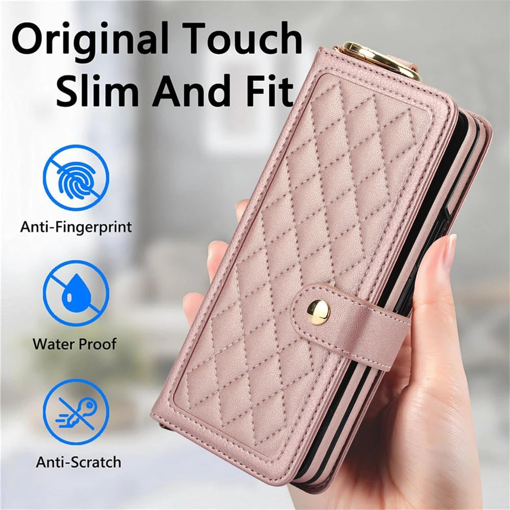 Luxury Crossbody Lanyard Leather Wallet Card Case for Samsung Galaxy Z Fold 7 6 5 4 3 Fold6 5G Wrist Rope Flip Stand Cover Coque