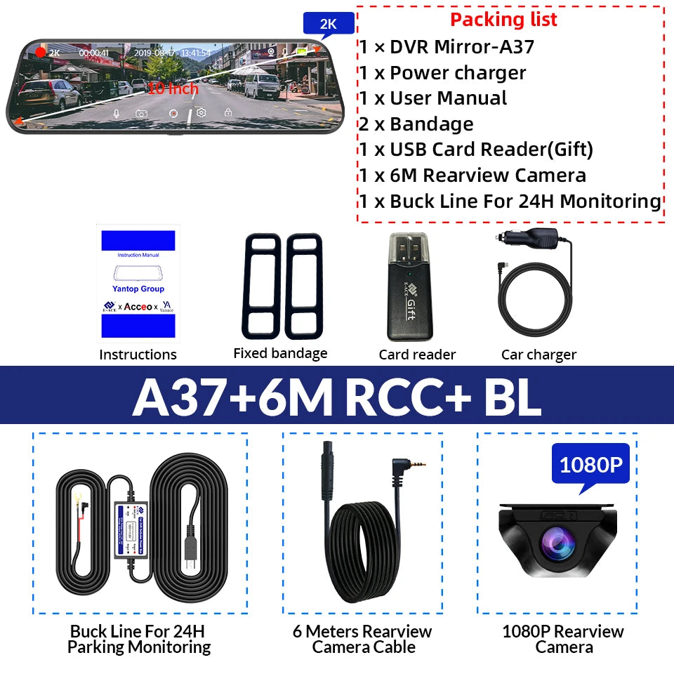 E-ACE 2K Car DVR WIFI GPS Stream Media Mirror Optional 1080P Car Video Camera Night Vision Loop Recording 24H Parking Black Box