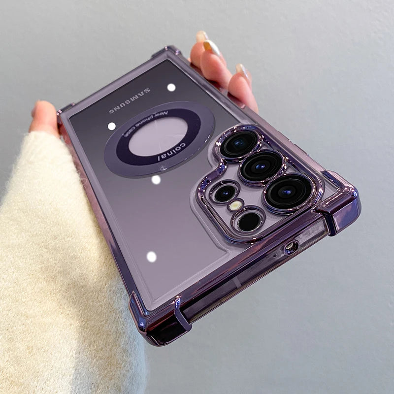 Luxury Plating Magnetic Wireless Charge Case For Samsung S25 S24 Ultra S23 FE S22 Plus S21 Note 20 Clear Lens Protection Cover