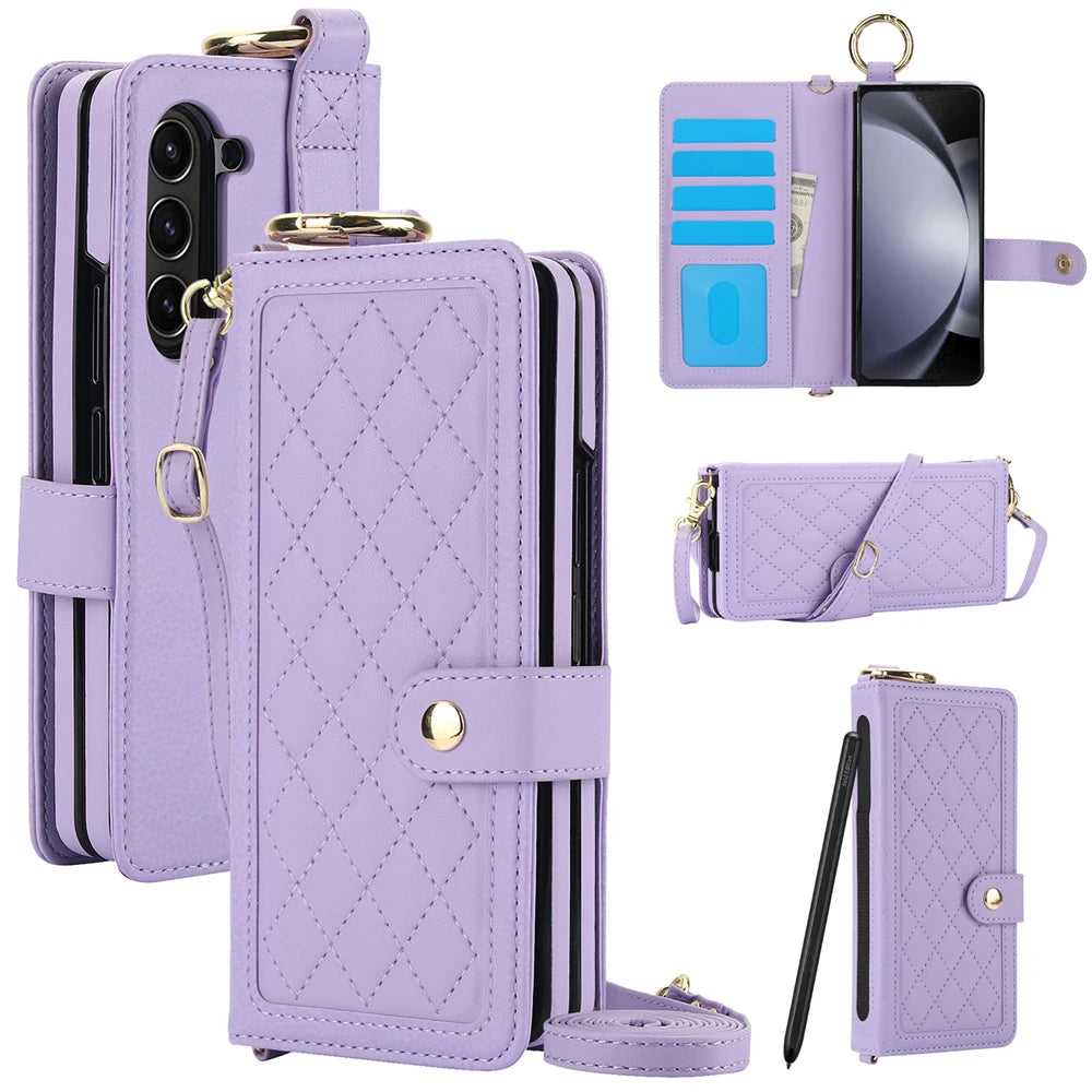 Luxury Crossbody Lanyard Leather Wallet Card Case for Samsung Galaxy Z Fold 7 6 5 4 3 Fold6 5G Wrist Rope Flip Stand Cover Coque