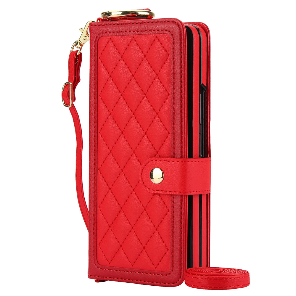 Luxury Crossbody Lanyard Leather Wallet Card Case for Samsung Galaxy Z Fold 7 6 5 4 3 Fold6 5G Wrist Rope Flip Stand Cover Coque