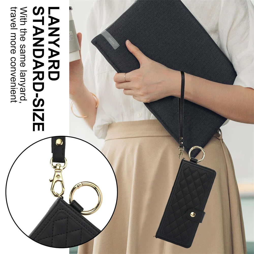 Luxury Crossbody Lanyard Leather Wallet Card Case for Samsung Galaxy Z Fold 7 6 5 4 3 Fold6 5G Wrist Rope Flip Stand Cover Coque