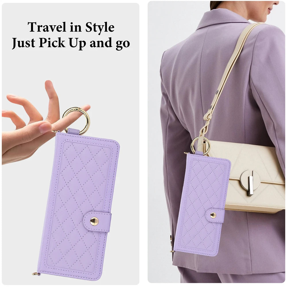 Luxury Crossbody Lanyard Leather Wallet Card Case for Samsung Galaxy Z Fold 7 6 5 4 3 Fold6 5G Wrist Rope Flip Stand Cover Coque