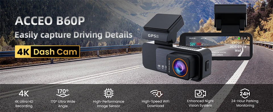 Dash Cam 4K UHD Recording Car Camera DVR Night Vision Video Recorder GPS Wi-Fi  Support Dual Lens Room 2.5K Rear View Camera