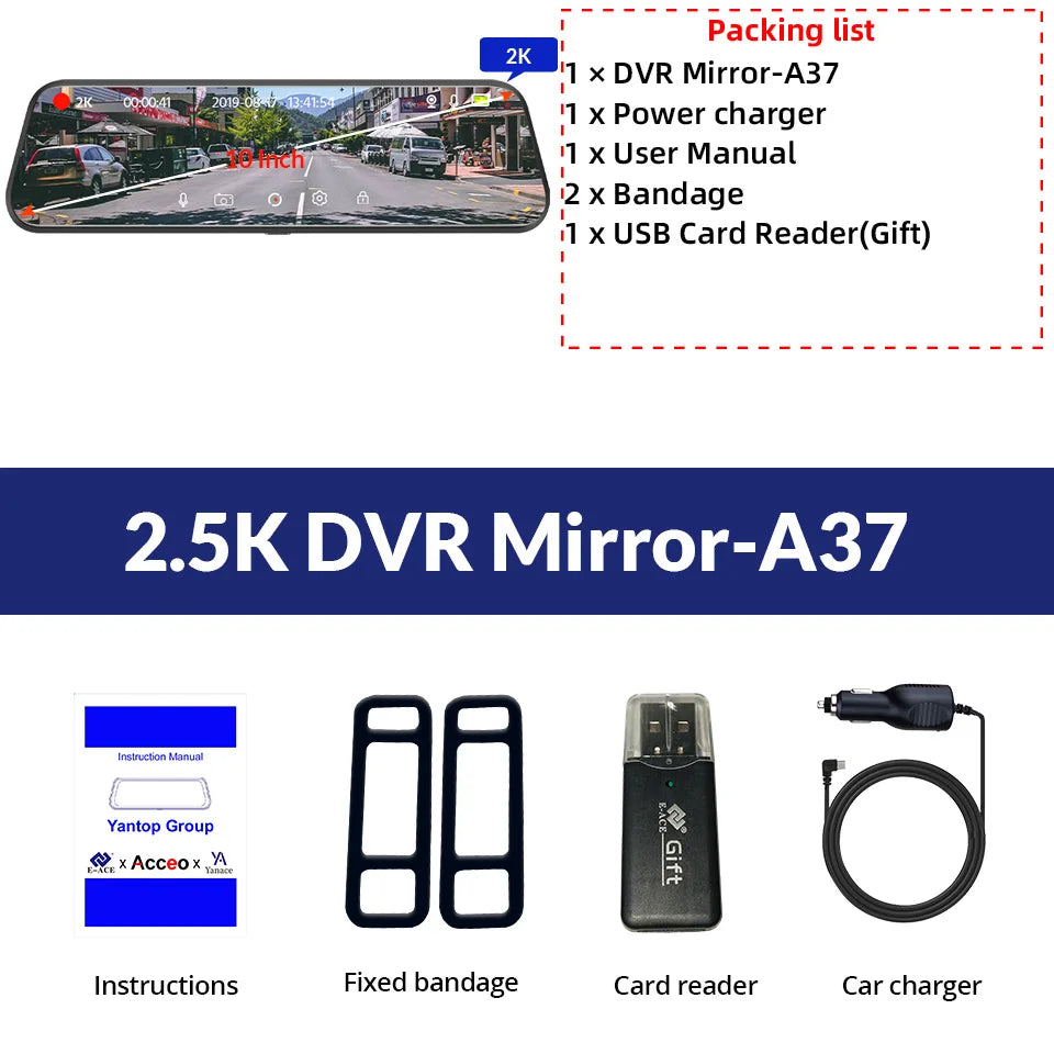 E-ACE 2K Car DVR WIFI GPS Stream Media Mirror Optional 1080P Car Video Camera Night Vision Loop Recording 24H Parking Black Box