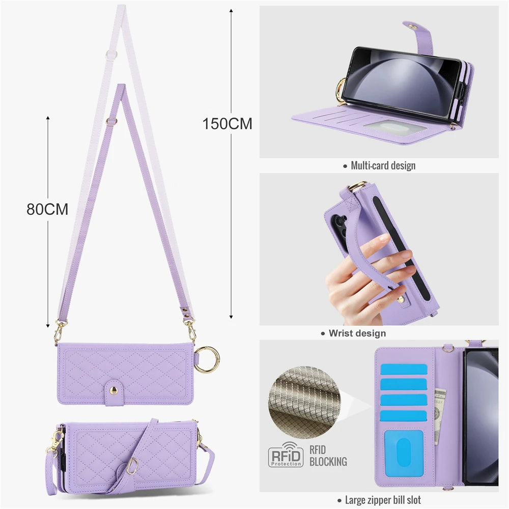 Luxury Crossbody Lanyard Leather Wallet Card Case for Samsung Galaxy Z Fold 7 6 5 4 3 Fold6 5G Wrist Rope Flip Stand Cover Coque