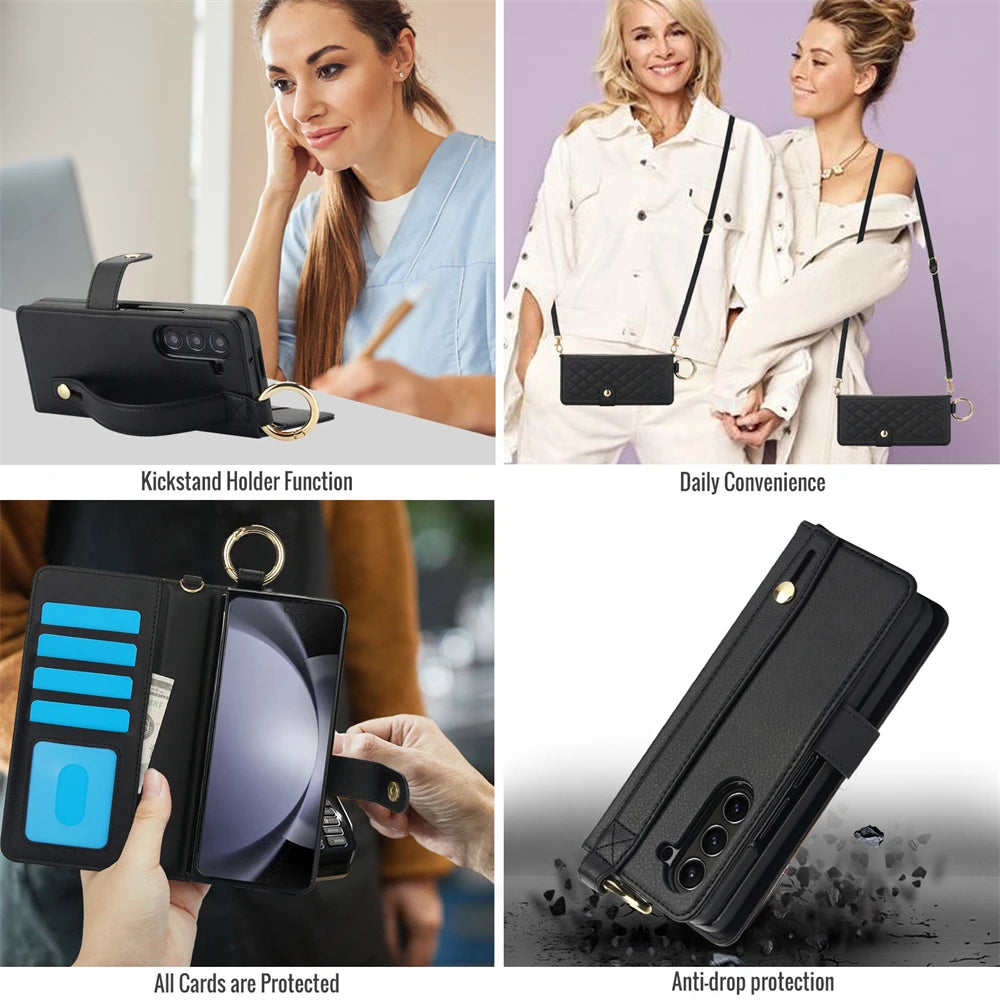 Luxury Crossbody Lanyard Leather Wallet Card Case for Samsung Galaxy Z Fold 7 6 5 4 3 Fold6 5G Wrist Rope Flip Stand Cover Coque