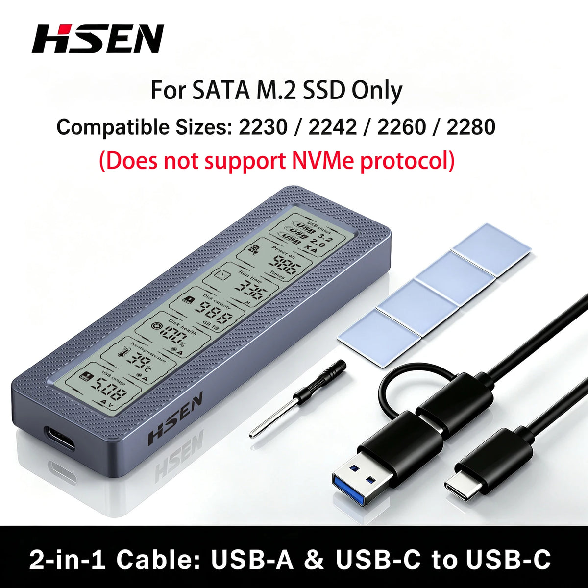 M.2 SSD Enclosure with Smart Display ,Real-Time SSD Health Monitor, USB 3.2 Gen 2 10Gbps, NVMe & SATA Dual Protocol M.2 SSD Case