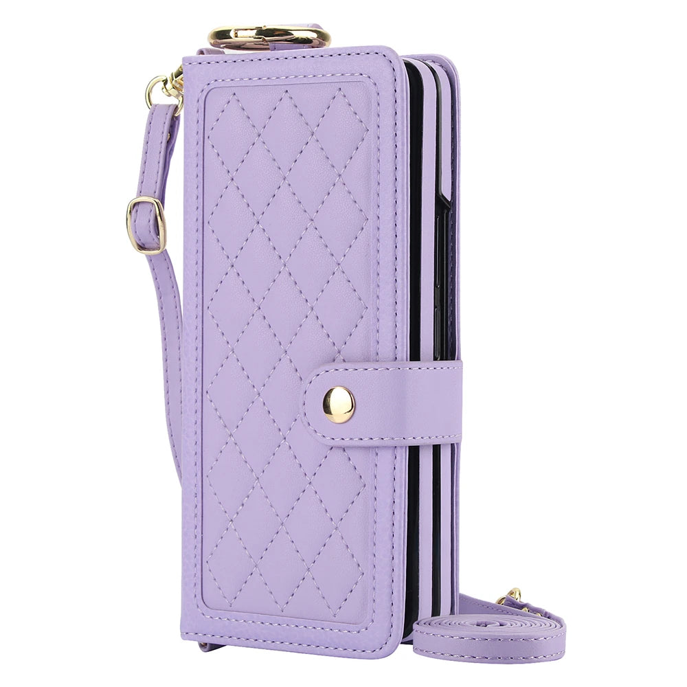 Luxury Crossbody Lanyard Leather Wallet Card Case for Samsung Galaxy Z Fold 7 6 5 4 3 Fold6 5G Wrist Rope Flip Stand Cover Coque