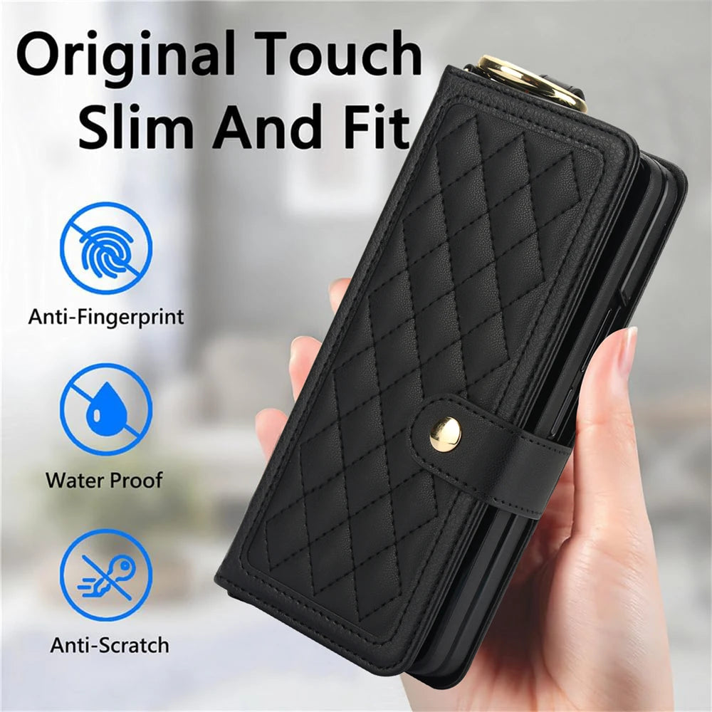 Luxury Crossbody Lanyard Leather Wallet Card Case for Samsung Galaxy Z Fold 7 6 5 4 3 Fold6 5G Wrist Rope Flip Stand Cover Coque