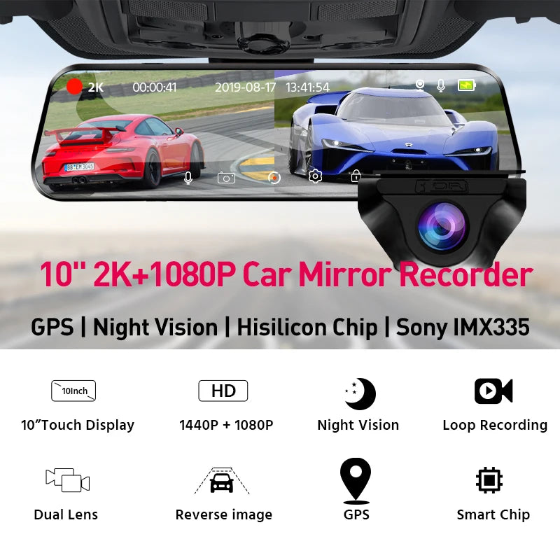 E-ACE 2K Car DVR WIFI GPS Stream Media Mirror Optional 1080P Car Video Camera Night Vision Loop Recording 24H Parking Black Box