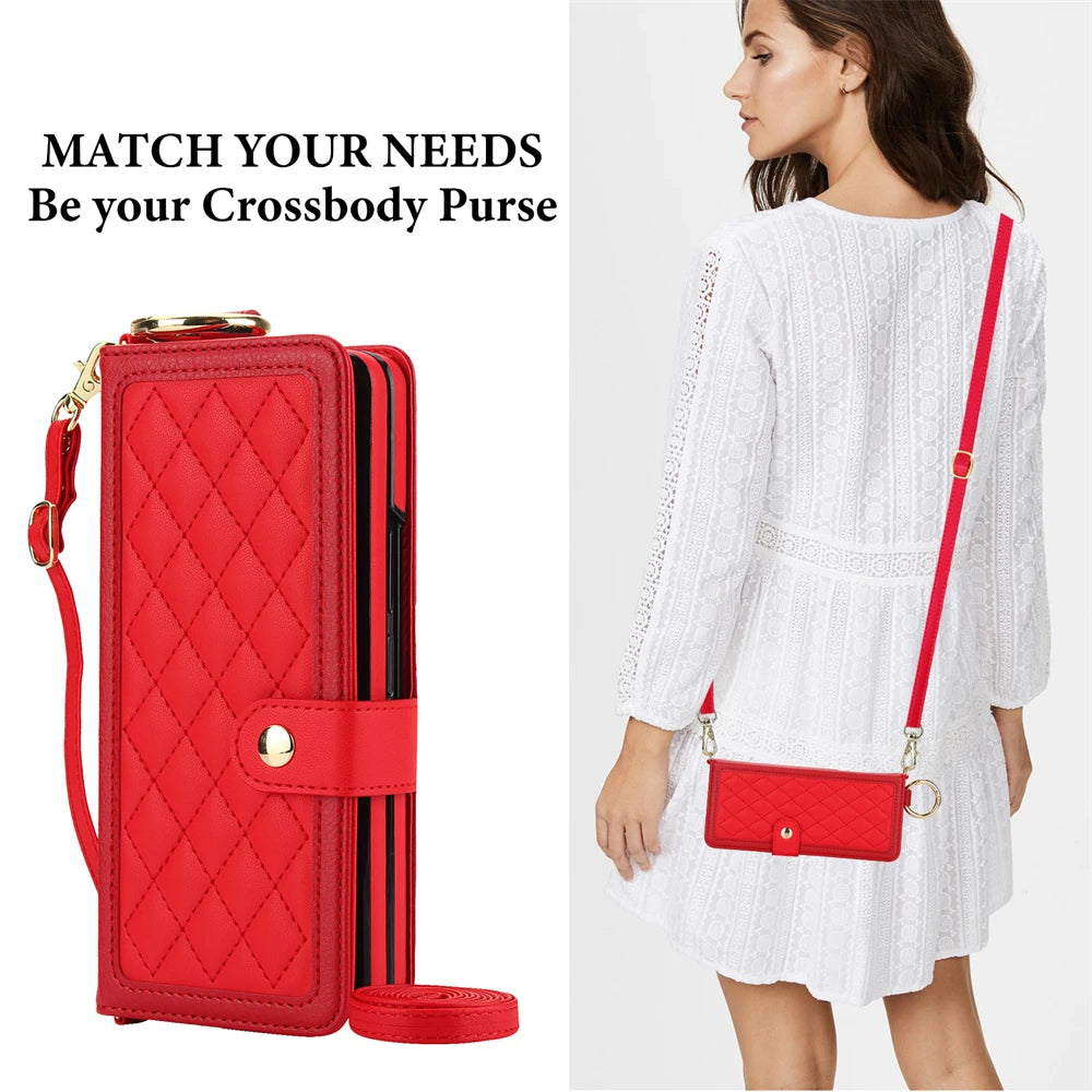 Luxury Crossbody Lanyard Leather Wallet Card Case for Samsung Galaxy Z Fold 7 6 5 4 3 Fold6 5G Wrist Rope Flip Stand Cover Coque