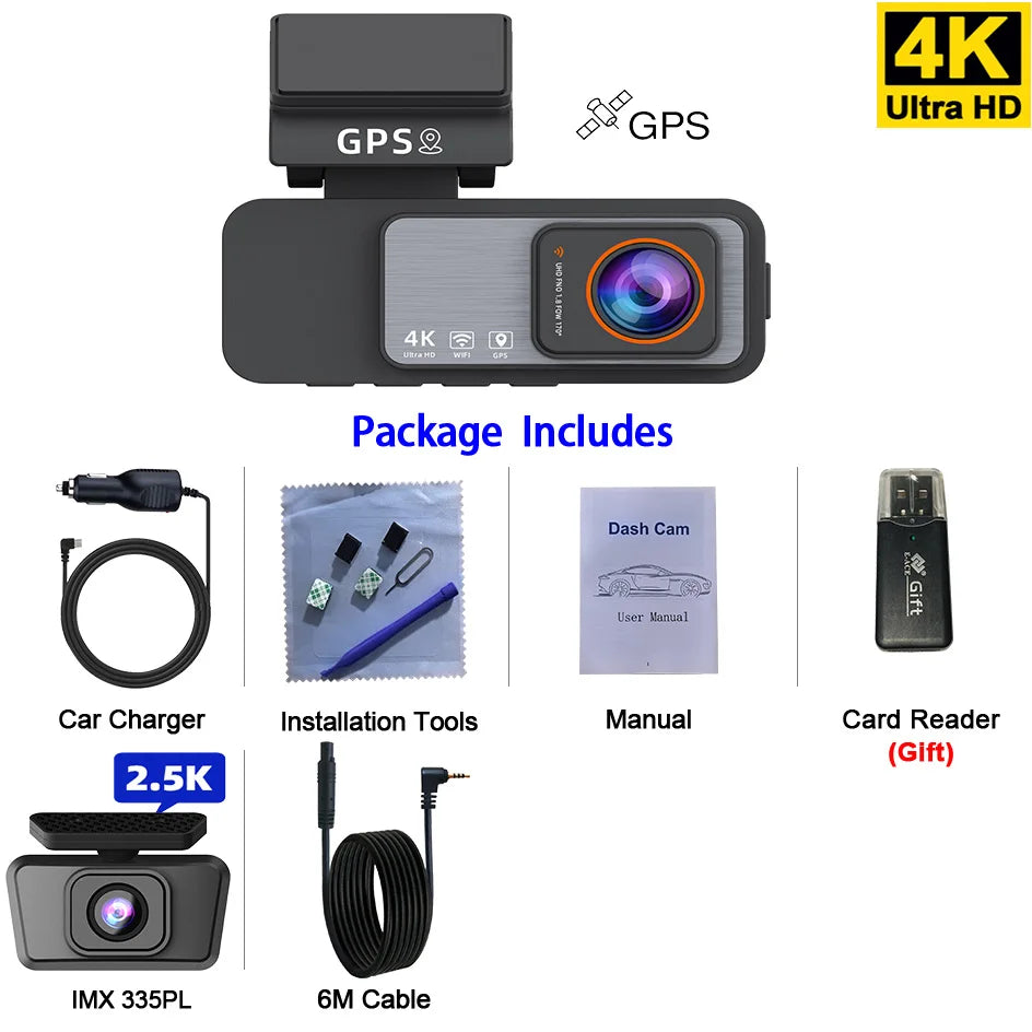 Dash Cam 4K UHD Recording Car Camera DVR Night Vision Video Recorder GPS Wi-Fi  Support Dual Lens Room 2.5K Rear View Camera