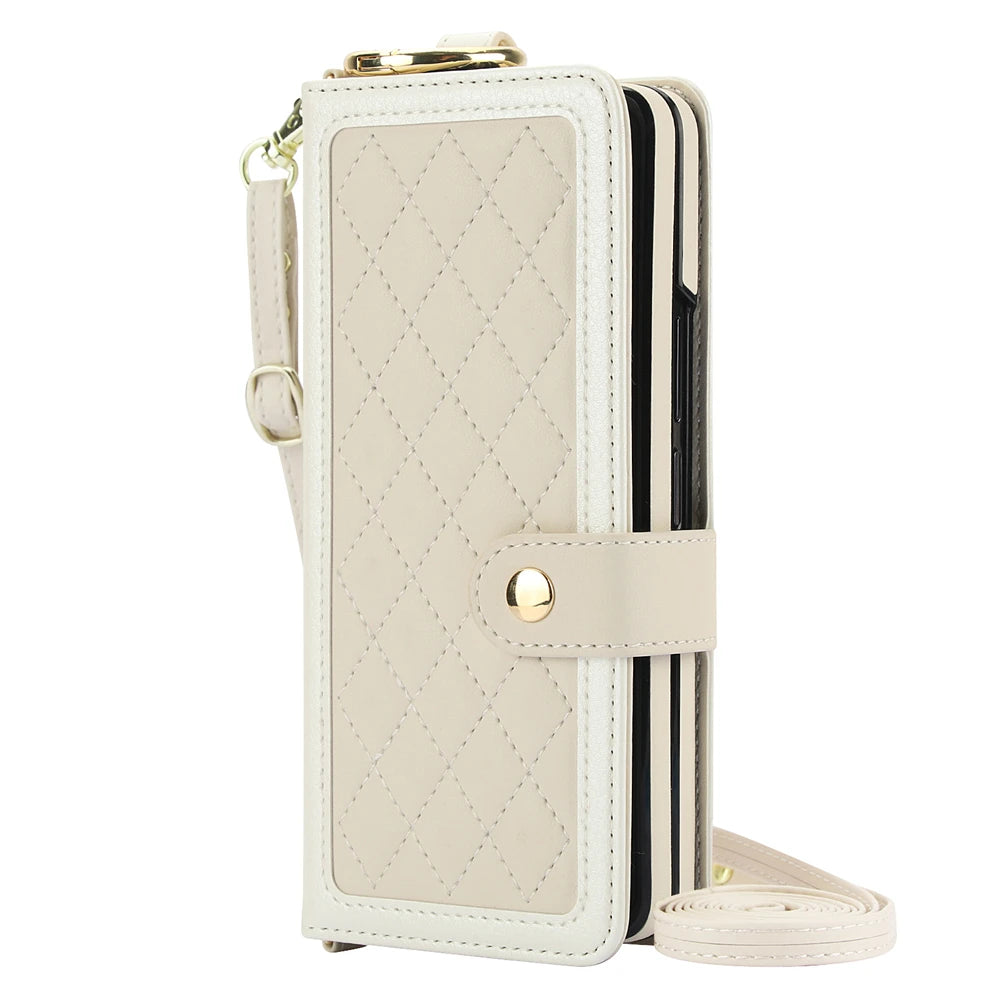 Luxury Crossbody Lanyard Leather Wallet Card Case for Samsung Galaxy Z Fold 7 6 5 4 3 Fold6 5G Wrist Rope Flip Stand Cover Coque