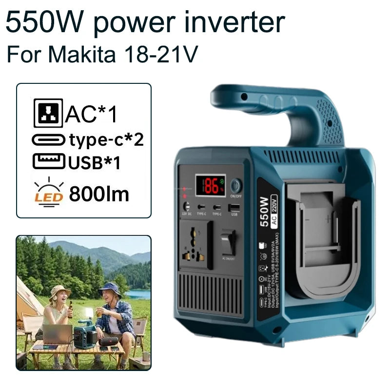 Portable Power Bank for Makita 18-21V Lithium Battery DC 18V to AC 110V/220V 550W Pure Sine Wave Inverter Outdoor Power Station