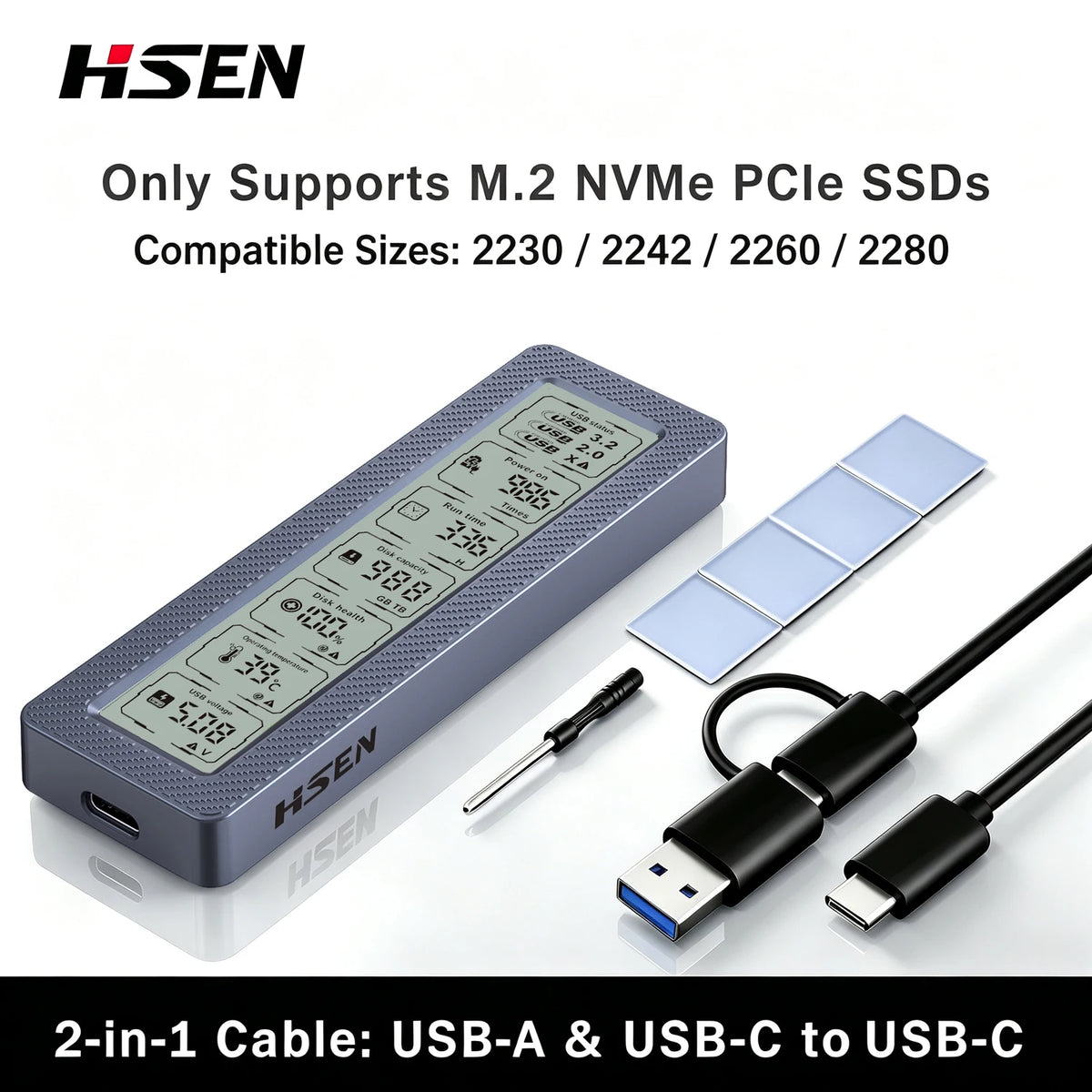 M.2 SSD Enclosure with Smart Display ,Real-Time SSD Health Monitor, USB 3.2 Gen 2 10Gbps, NVMe & SATA Dual Protocol M.2 SSD Case