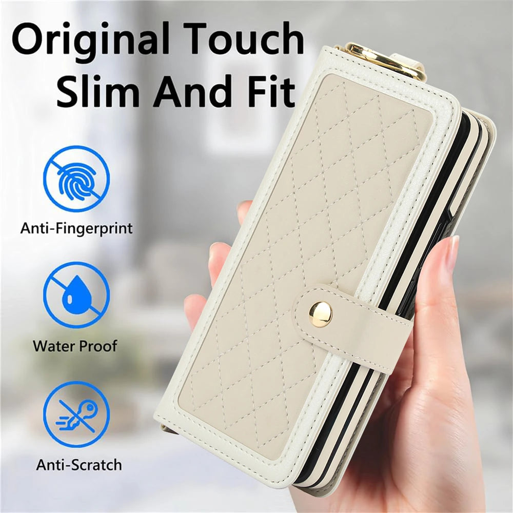 Luxury Crossbody Lanyard Leather Wallet Card Case for Samsung Galaxy Z Fold 7 6 5 4 3 Fold6 5G Wrist Rope Flip Stand Cover Coque