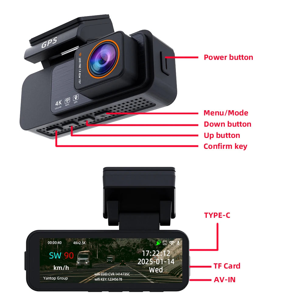 Dash Cam 4K UHD Recording Car Camera DVR Night Vision Video Recorder GPS Wi-Fi  Support Dual Lens Room 2.5K Rear View Camera