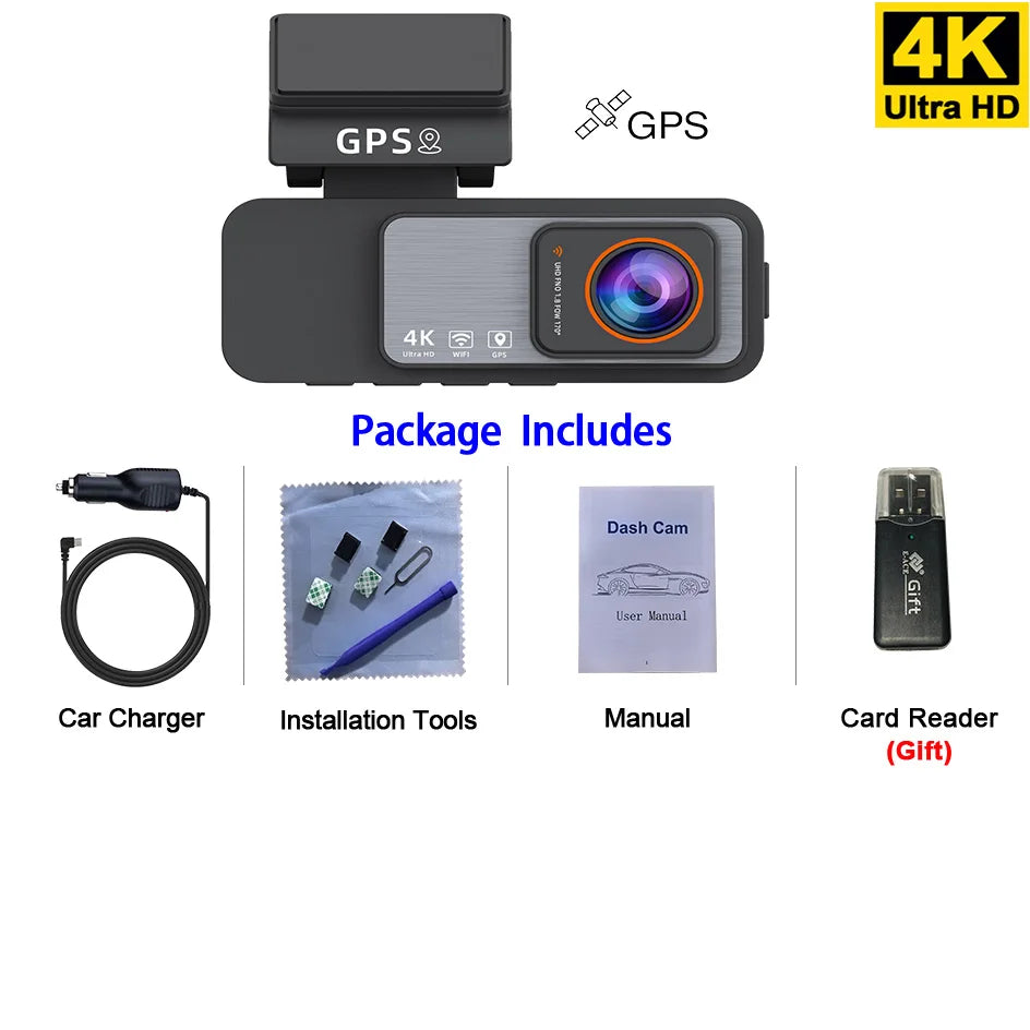 Dash Cam 4K UHD Recording Car Camera DVR Night Vision Video Recorder GPS Wi-Fi  Support Dual Lens Room 2.5K Rear View Camera