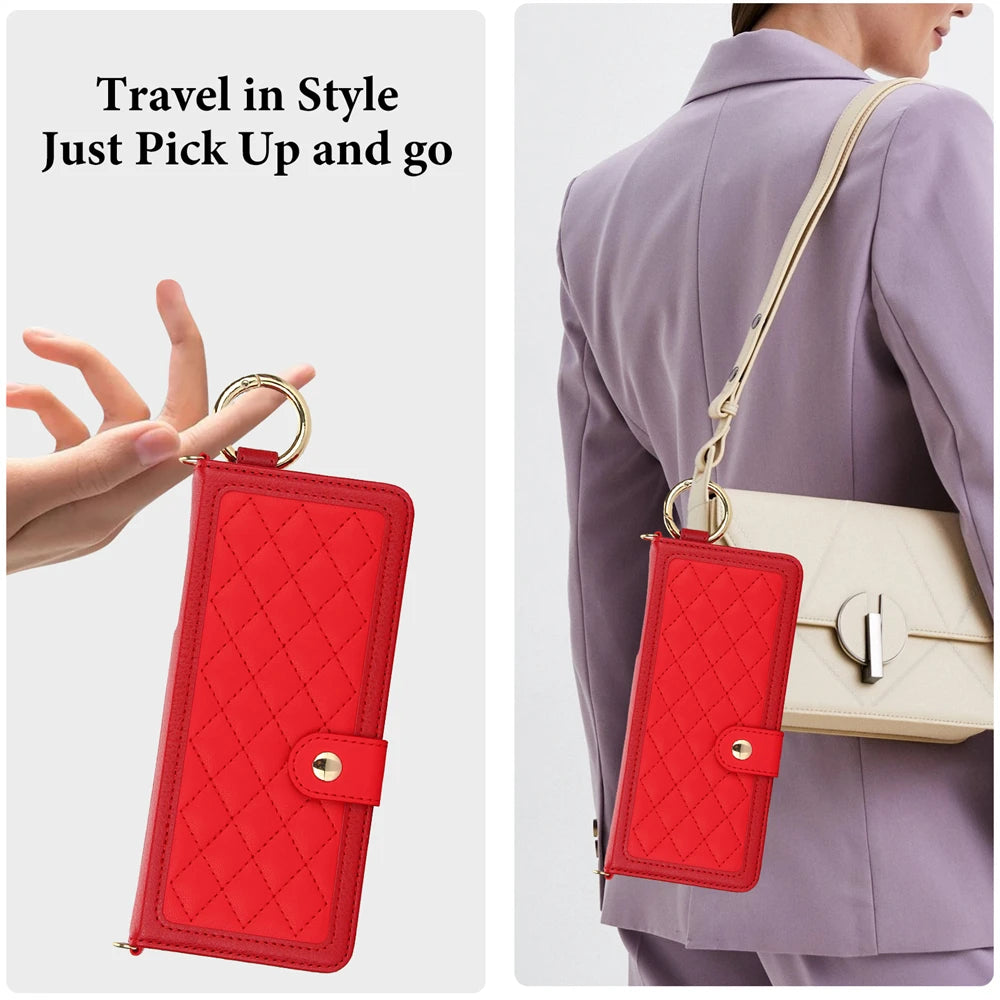 Luxury Crossbody Lanyard Leather Wallet Card Case for Samsung Galaxy Z Fold 7 6 5 4 3 Fold6 5G Wrist Rope Flip Stand Cover Coque