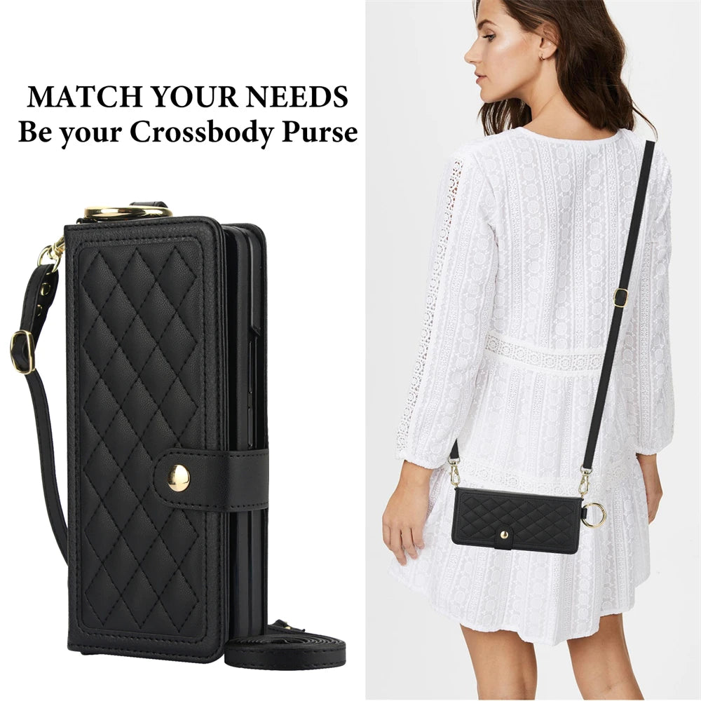 Luxury Crossbody Lanyard Leather Wallet Card Case for Samsung Galaxy Z Fold 7 6 5 4 3 Fold6 5G Wrist Rope Flip Stand Cover Coque