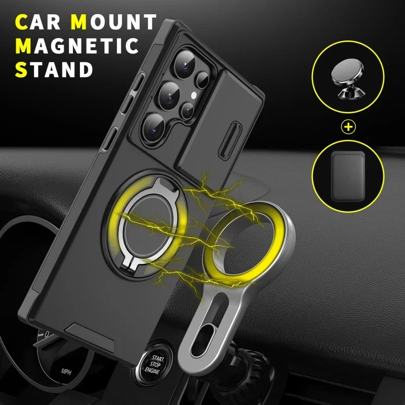 Case For Samsung Galaxy S25 S24 S23 S22 S21 Ultra Plus S24FE S23FE Slide Camera Protect Magnetic holder Armor Shockproof Cover