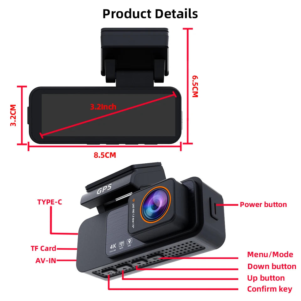 Dash Cam 4K UHD Recording Car Camera DVR Night Vision Video Recorder GPS Wi-Fi  Support Dual Lens Room 2.5K Rear View Camera