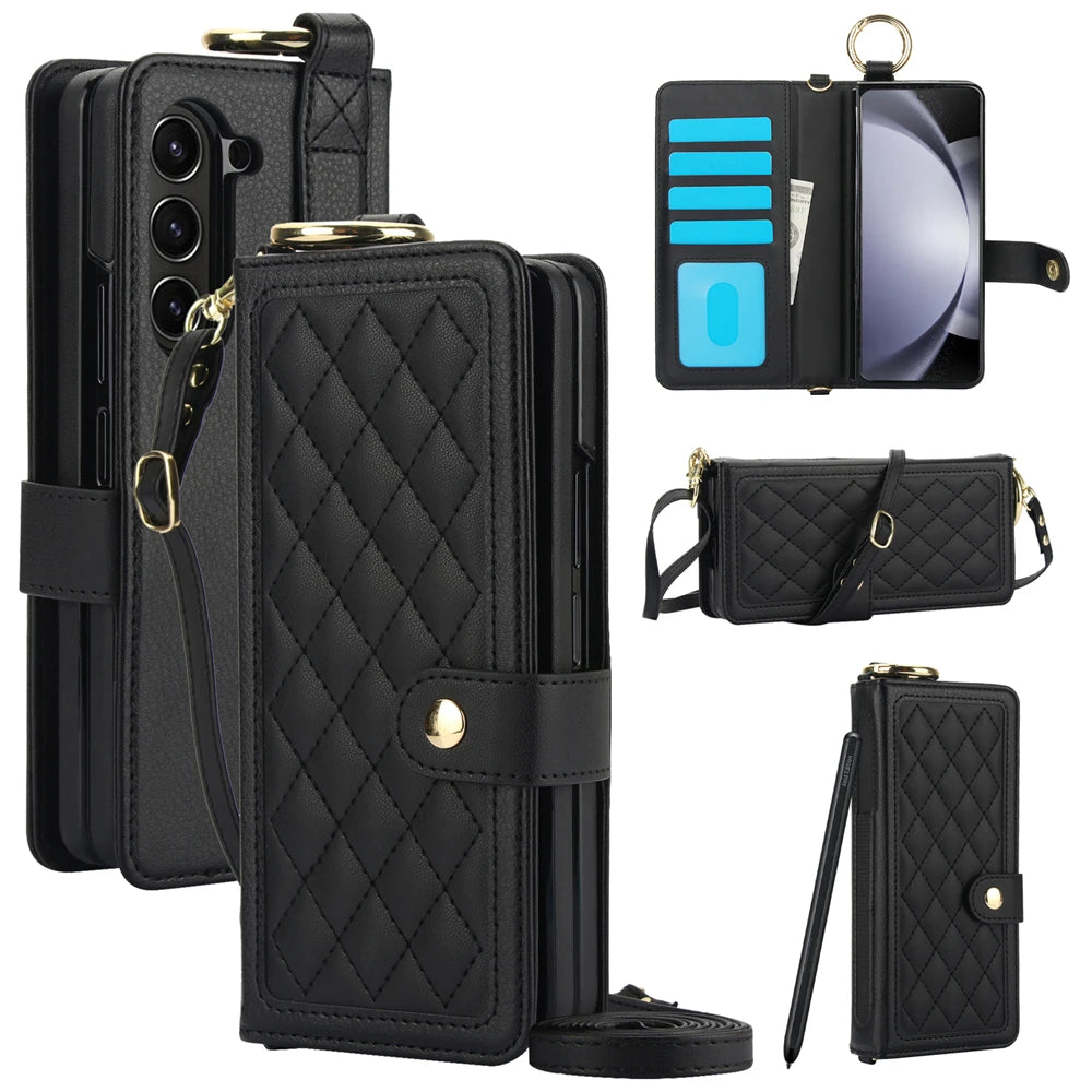 Luxury Crossbody Lanyard Leather Wallet Card Case for Samsung Galaxy Z Fold 7 6 5 4 3 Fold6 5G Wrist Rope Flip Stand Cover Coque