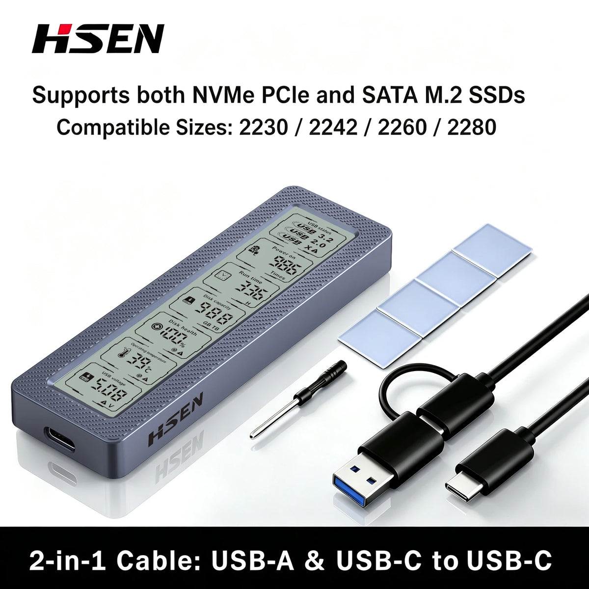 M.2 SSD Enclosure with Smart Display ,Real-Time SSD Health Monitor, USB 3.2 Gen 2 10Gbps, NVMe & SATA Dual Protocol M.2 SSD Case