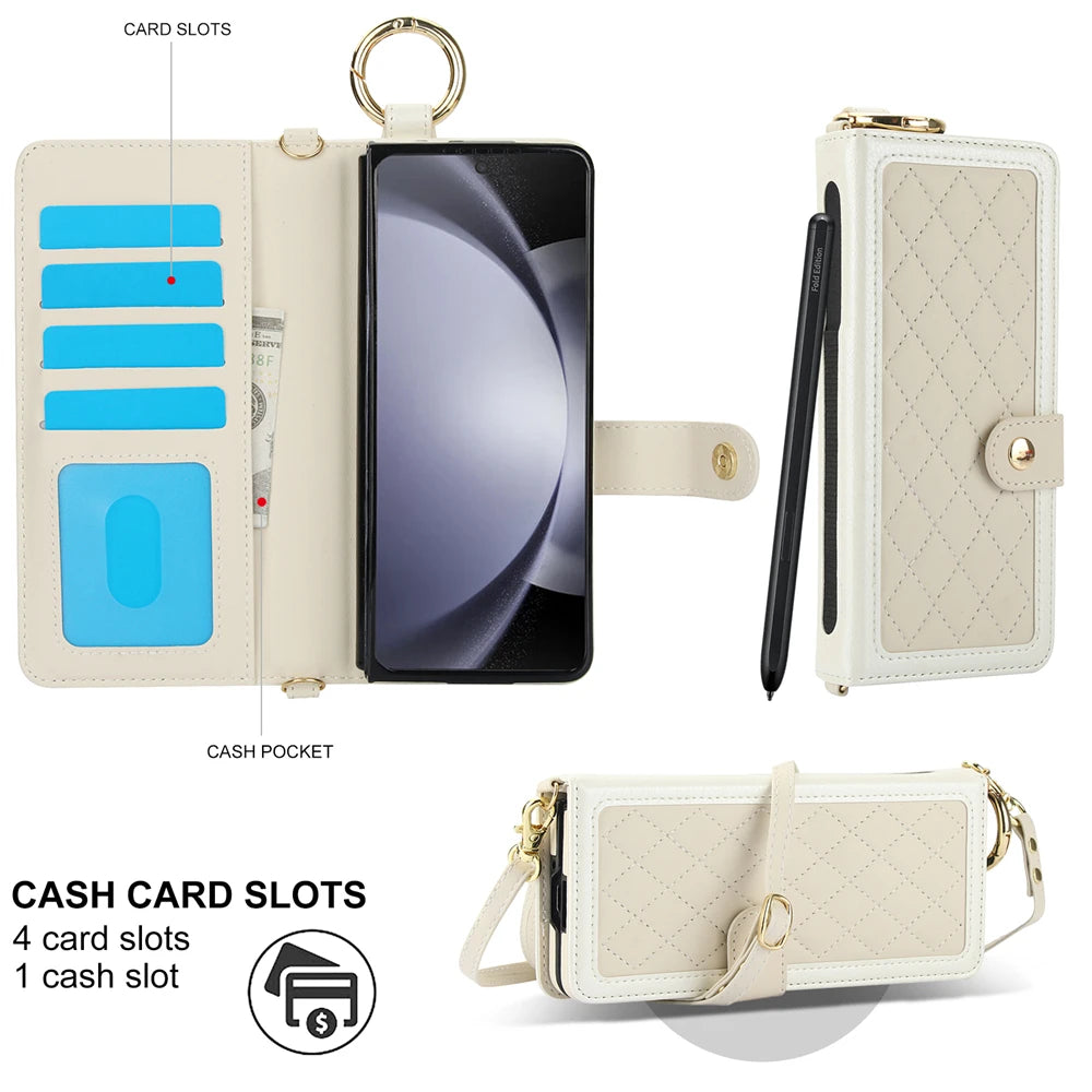 Luxury Crossbody Lanyard Leather Wallet Card Case for Samsung Galaxy Z Fold 7 6 5 4 3 Fold6 5G Wrist Rope Flip Stand Cover Coque