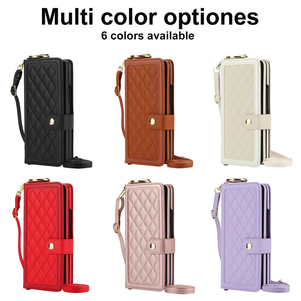 Luxury Crossbody Lanyard Leather Wallet Card Case for Samsung Galaxy Z Fold 7 6 5 4 3 Fold6 5G Wrist Rope Flip Stand Cover Coque