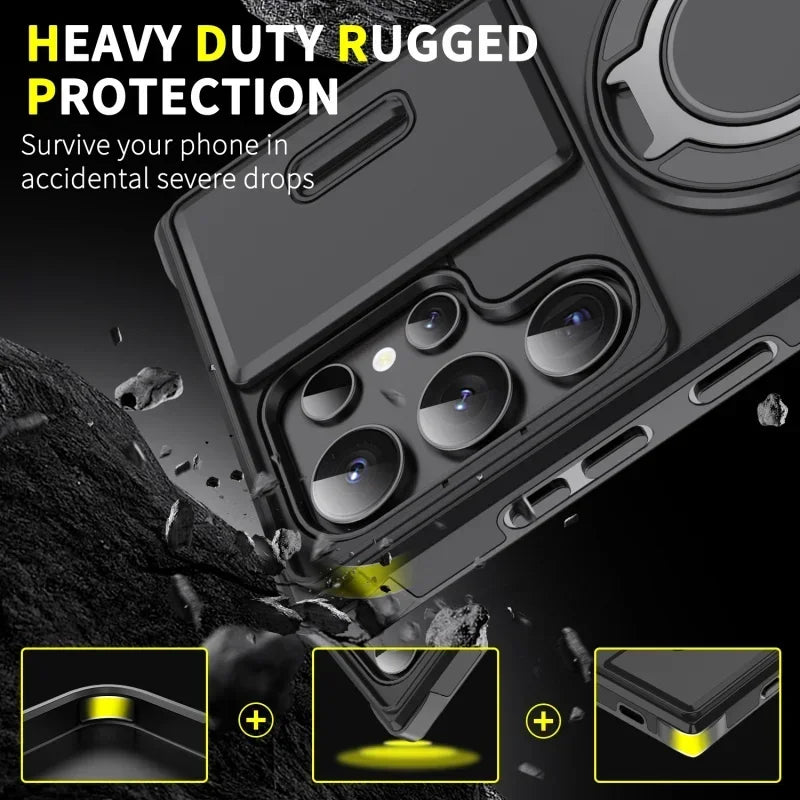 Case For Samsung Galaxy S25 S24 S23 S22 S21 Ultra Plus S24FE S23FE Slide Camera Protect Magnetic holder Armor Shockproof Cover