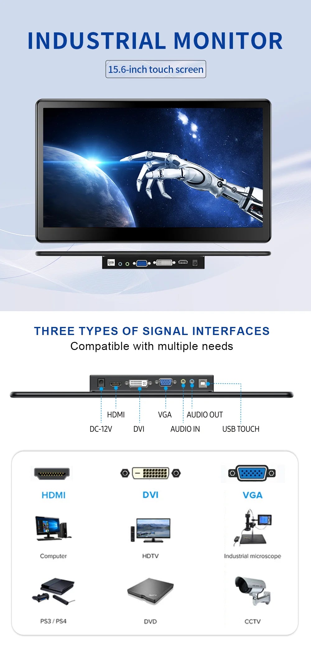 Unew 15.6 inch Touchscreen 1080P IPS Screen Speakers Industrial with 75*75 VESA HDMI DVI VGA For Raspberry Pi Laptop PC Phone