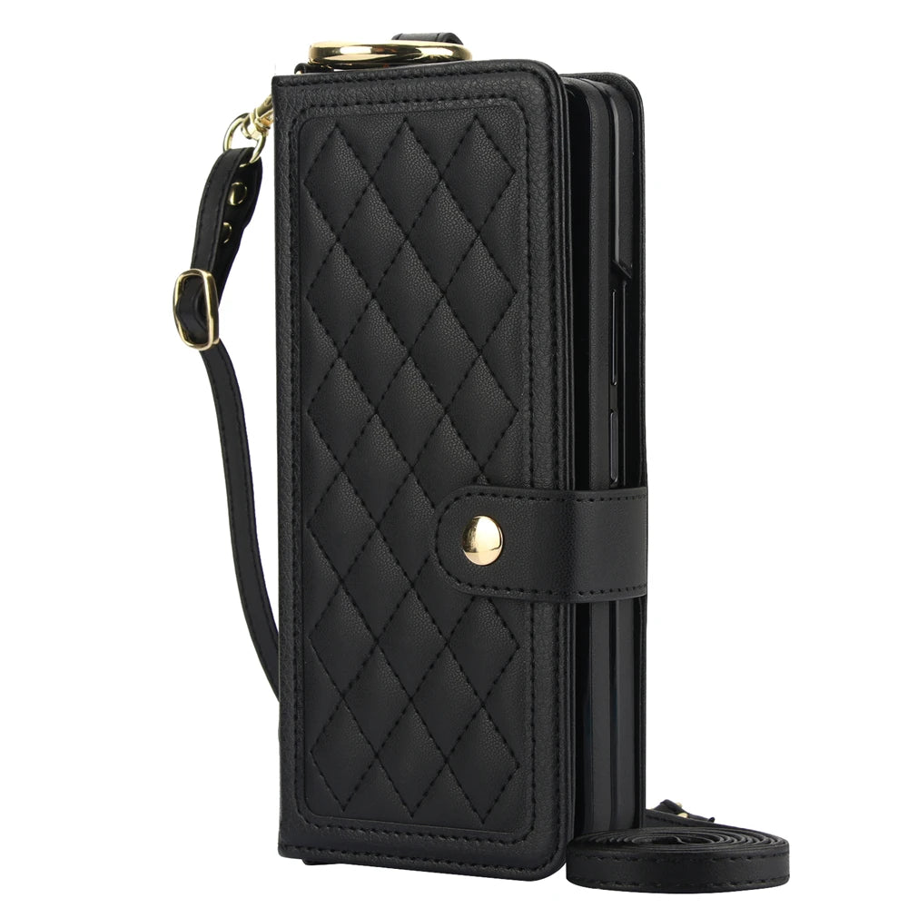 Luxury Crossbody Lanyard Leather Wallet Card Case for Samsung Galaxy Z Fold 7 6 5 4 3 Fold6 5G Wrist Rope Flip Stand Cover Coque