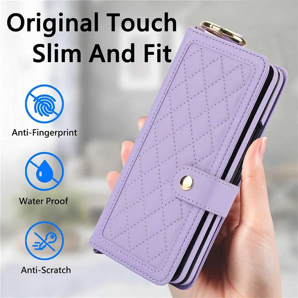 Luxury Crossbody Lanyard Leather Wallet Card Case for Samsung Galaxy Z Fold 7 6 5 4 3 Fold6 5G Wrist Rope Flip Stand Cover Coque