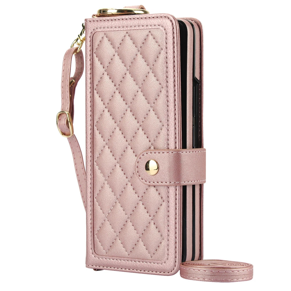 Luxury Crossbody Lanyard Leather Wallet Card Case for Samsung Galaxy Z Fold 7 6 5 4 3 Fold6 5G Wrist Rope Flip Stand Cover Coque