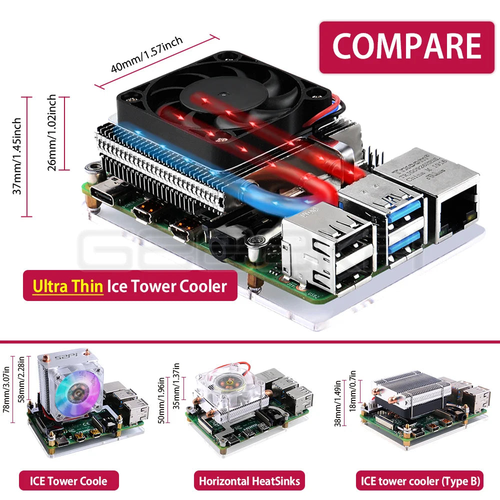 Geeekpi New  Ultra Thin Low-Profile Ice Tower CPU Cooling Fan Radiator Heatsink Cooler for Raspberry Pi 4  B