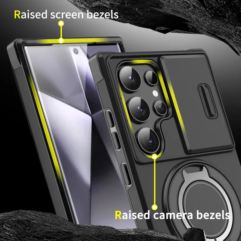 Case For Samsung Galaxy S25 S24 S23 S22 S21 Ultra Plus S24FE S23FE Slide Camera Protect Magnetic holder Armor Shockproof Cover