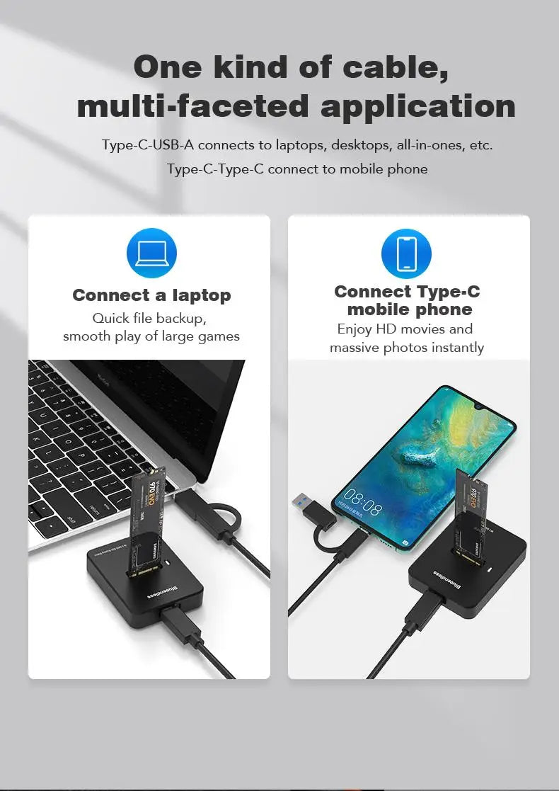 External SSD Hard Disk M.2 SSD Enclosure 10Gbps Read Writing Speed SSD Case For M.2 NVME SATA SSD Docking Station Plug and Play