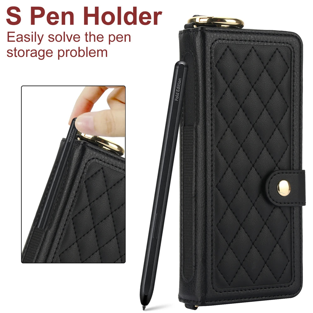 Luxury Crossbody Lanyard Leather Wallet Card Case for Samsung Galaxy Z Fold 7 6 5 4 3 Fold6 5G Wrist Rope Flip Stand Cover Coque