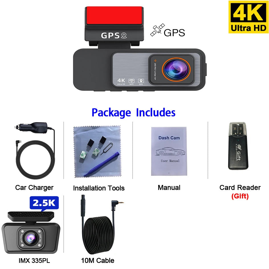 Dash Cam 4K UHD Recording Car Camera DVR Night Vision Video Recorder GPS Wi-Fi  Support Dual Lens Room 2.5K Rear View Camera
