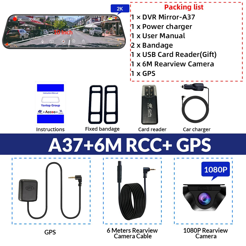 E-ACE 2K Car DVR WIFI GPS Stream Media Mirror Optional 1080P Car Video Camera Night Vision Loop Recording 24H Parking Black Box