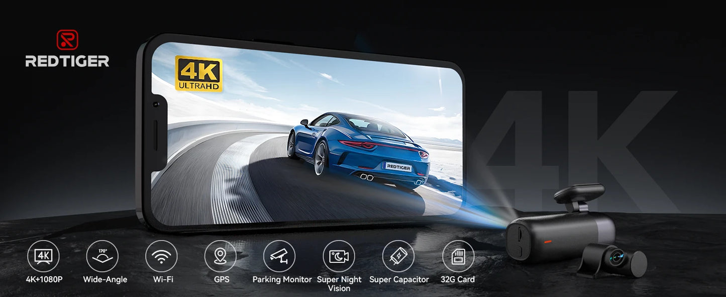 REDTIGER F9 Dash Cam 4K Front and Rear WiFi GPS Car Camera for Parking Mode Car Dvr for Night Vision Car Recorder By App Control