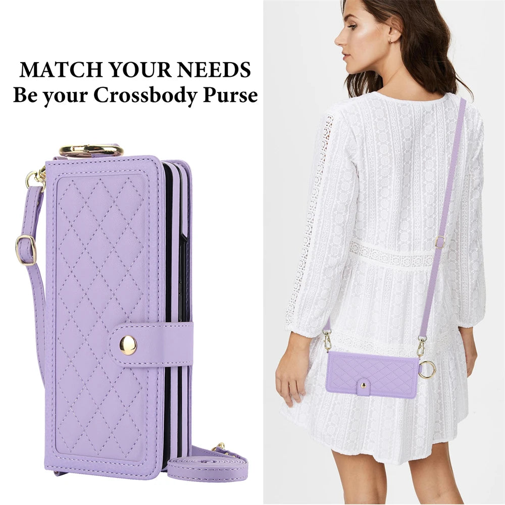 Luxury Crossbody Lanyard Leather Wallet Card Case for Samsung Galaxy Z Fold 7 6 5 4 3 Fold6 5G Wrist Rope Flip Stand Cover Coque