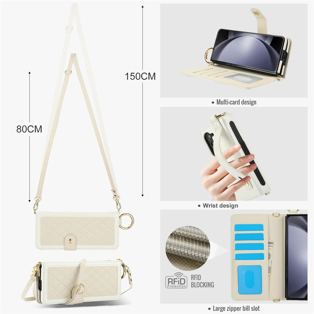Luxury Crossbody Lanyard Leather Wallet Card Case for Samsung Galaxy Z Fold 7 6 5 4 3 Fold6 5G Wrist Rope Flip Stand Cover Coque