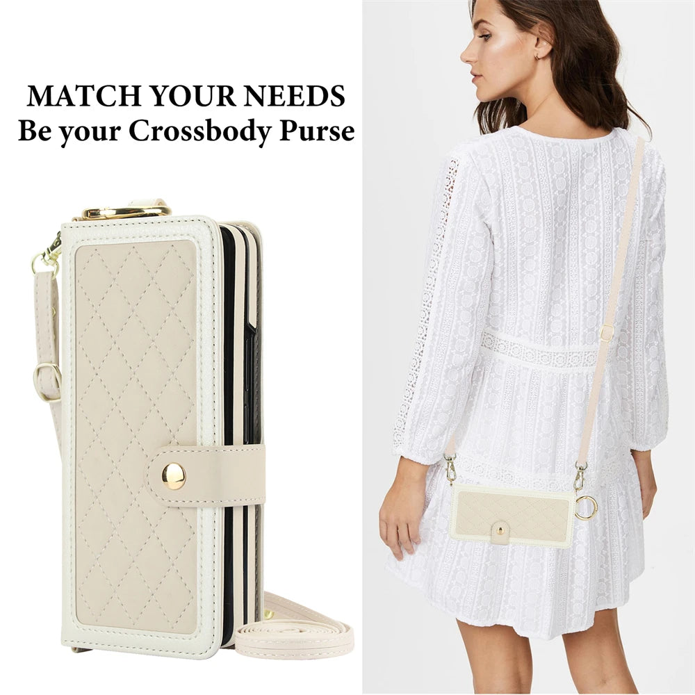 Luxury Crossbody Lanyard Leather Wallet Card Case for Samsung Galaxy Z Fold 7 6 5 4 3 Fold6 5G Wrist Rope Flip Stand Cover Coque