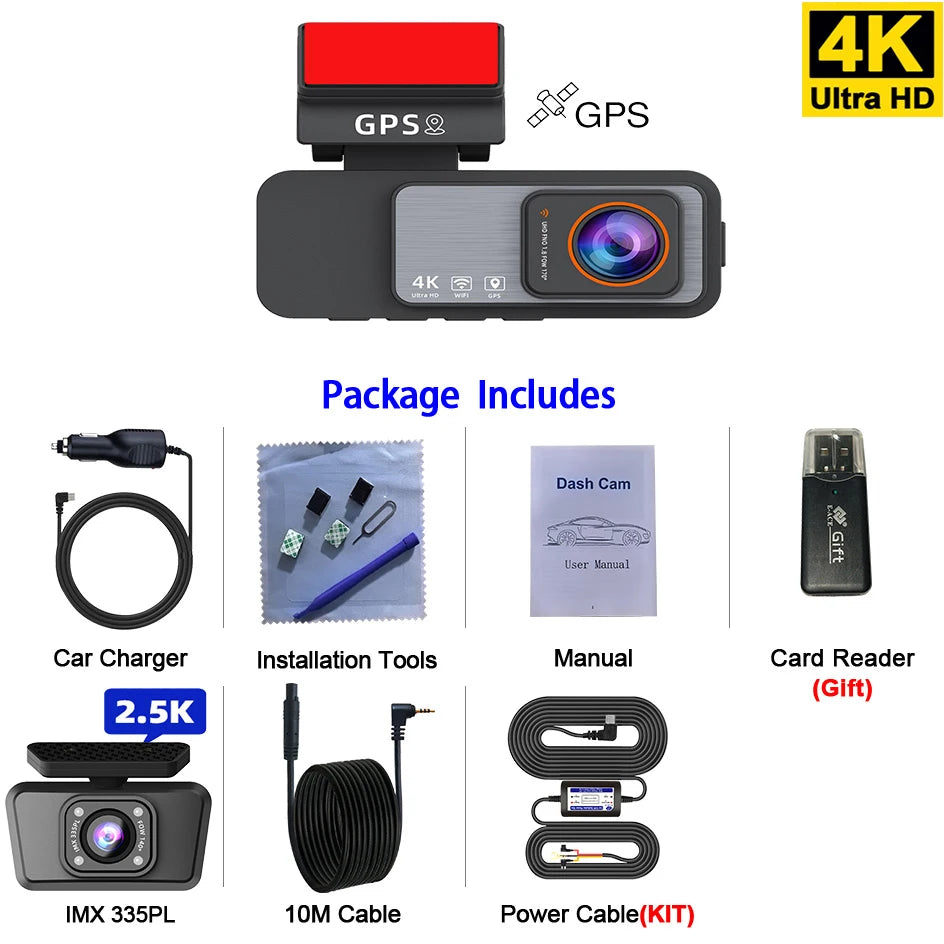 Dash Cam 4K UHD Recording Car Camera DVR Night Vision Video Recorder GPS Wi-Fi  Support Dual Lens Room 2.5K Rear View Camera
