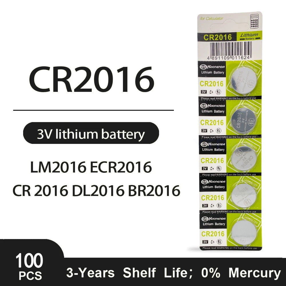 100Pcs 3V CR2016 Button Batteries LM2016 BR2016 DL2016 CR 2016 Cell Coin Lithium Battery For Watch Electronic Toy Calculators