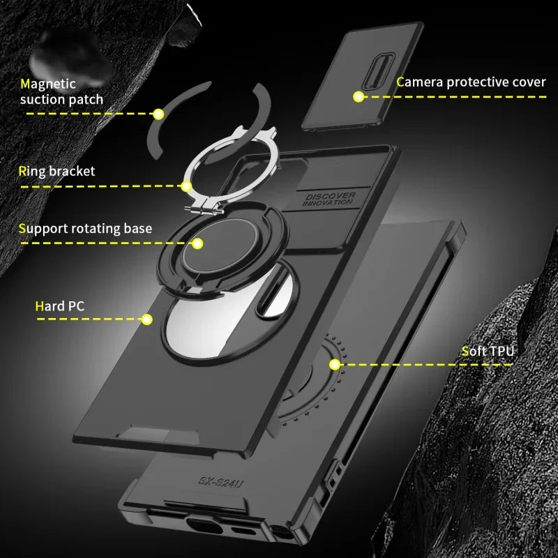 Case For Samsung Galaxy S25 S24 S23 S22 S21 Ultra Plus S24FE S23FE Slide Camera Protect Magnetic holder Armor Shockproof Cover