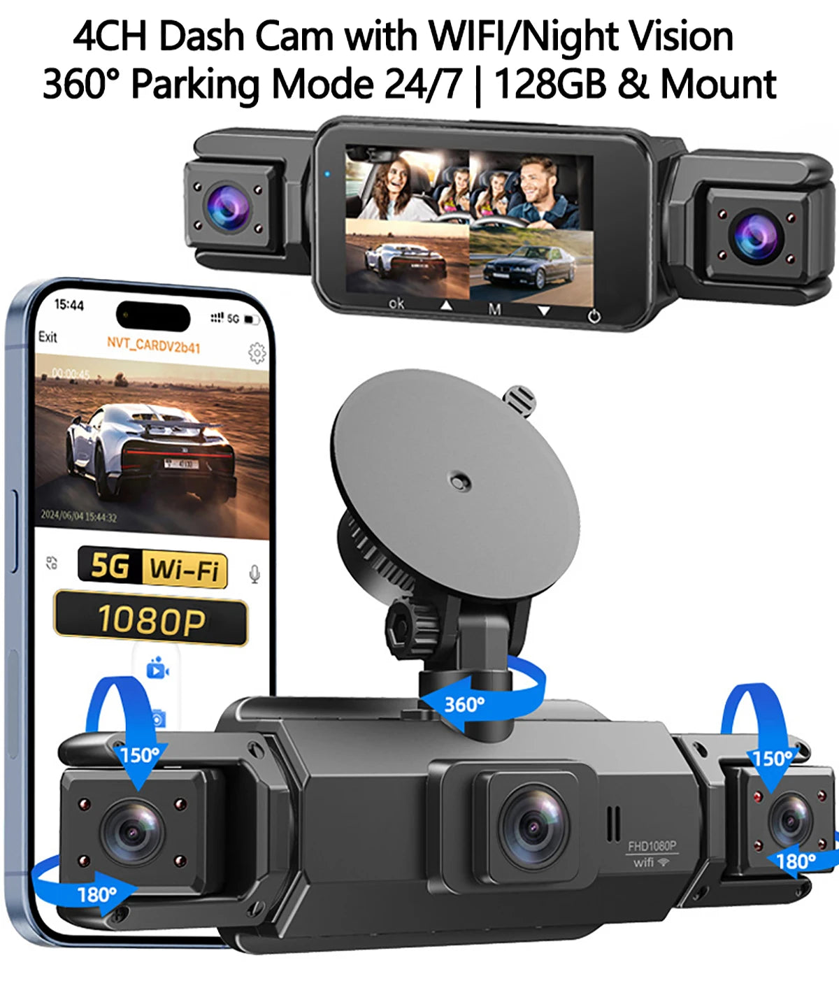 dashcam 4 channels wifi car dvr dashboard cameras for car way back box parking mode 24h front and rear interior 360 dash cam